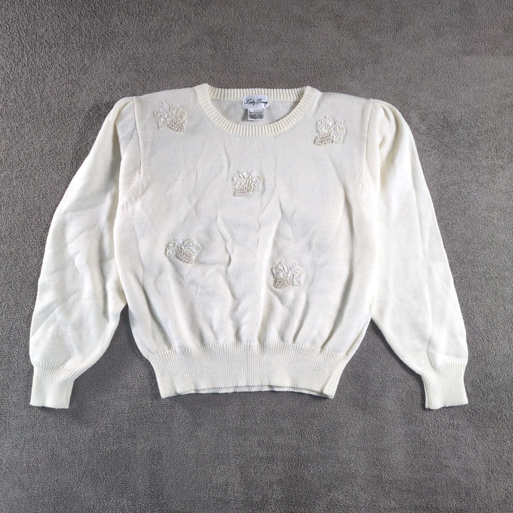 Lady Darian‎ White Beaded Sequin Floral Knit Sweater Pullover Top Women's S